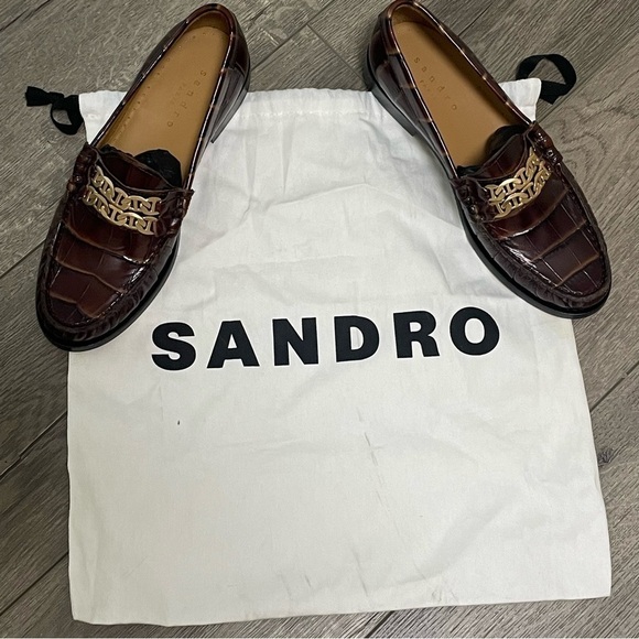 Sandro Brown Leather Croc Embossed Loafers Gold Chain Womens Size 37 US 6.5 NEW - Picture 10 of 11